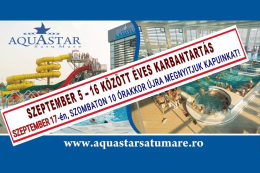 Szeptember 5. és 16. között az éves karbantartási munkálatok miatt zárva lesz az Aquastar